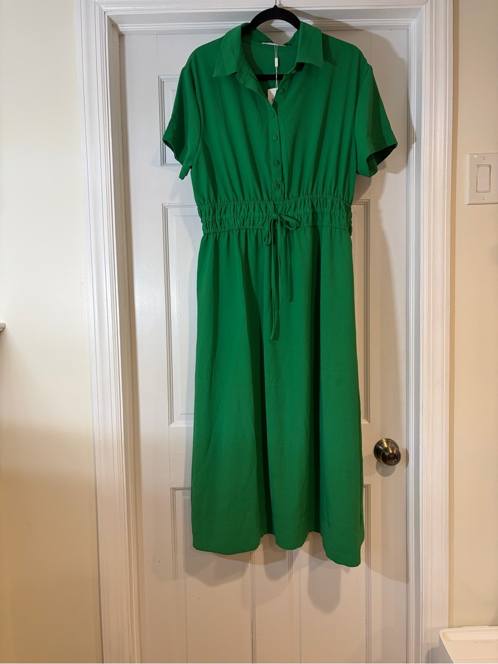 Green Button-Front Midi Dress with Drawstring Waist